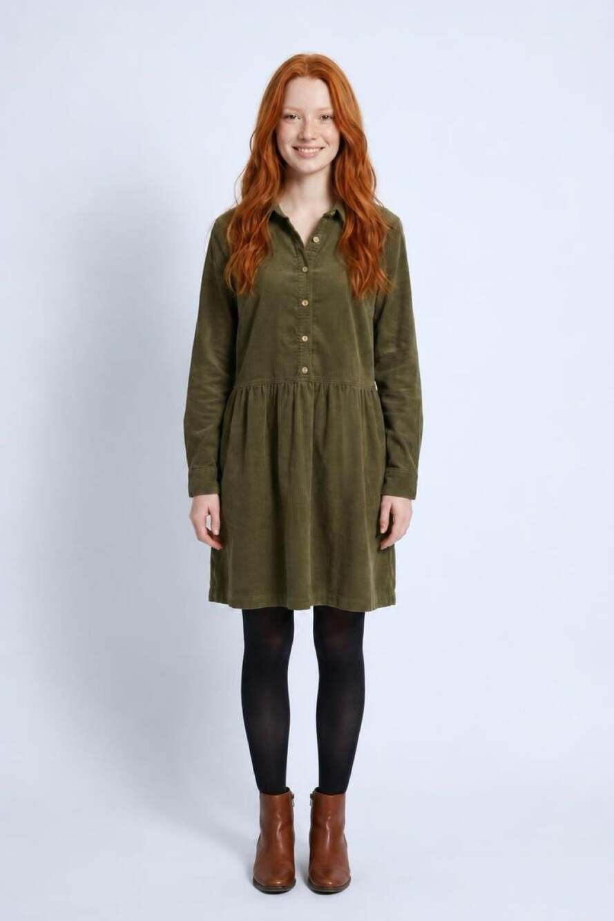 NWT Talbots Corduroy Shirtdress Sz.16 Olive Green Drop Waist Tiered Button Front